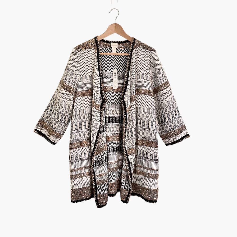 NWT Chico’s Elenore Cardigan Sweater 3/4 Sleeve Neutral Combo Sz 2 (Large 12)